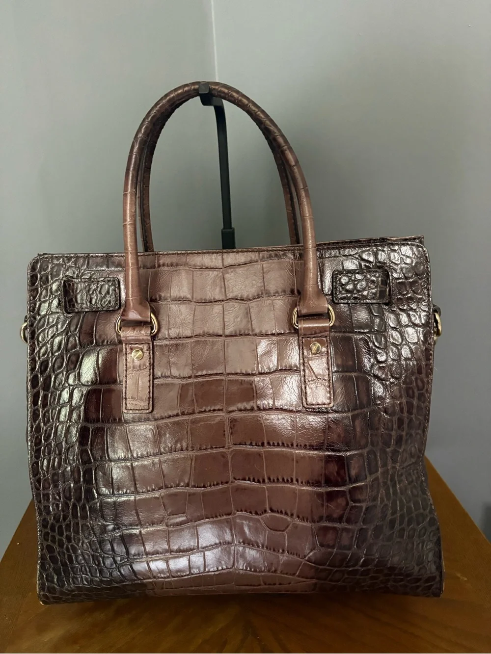 Michael Kors Hamilton Large Croc-Embossed Leather Satchel Tote Ombre Brown